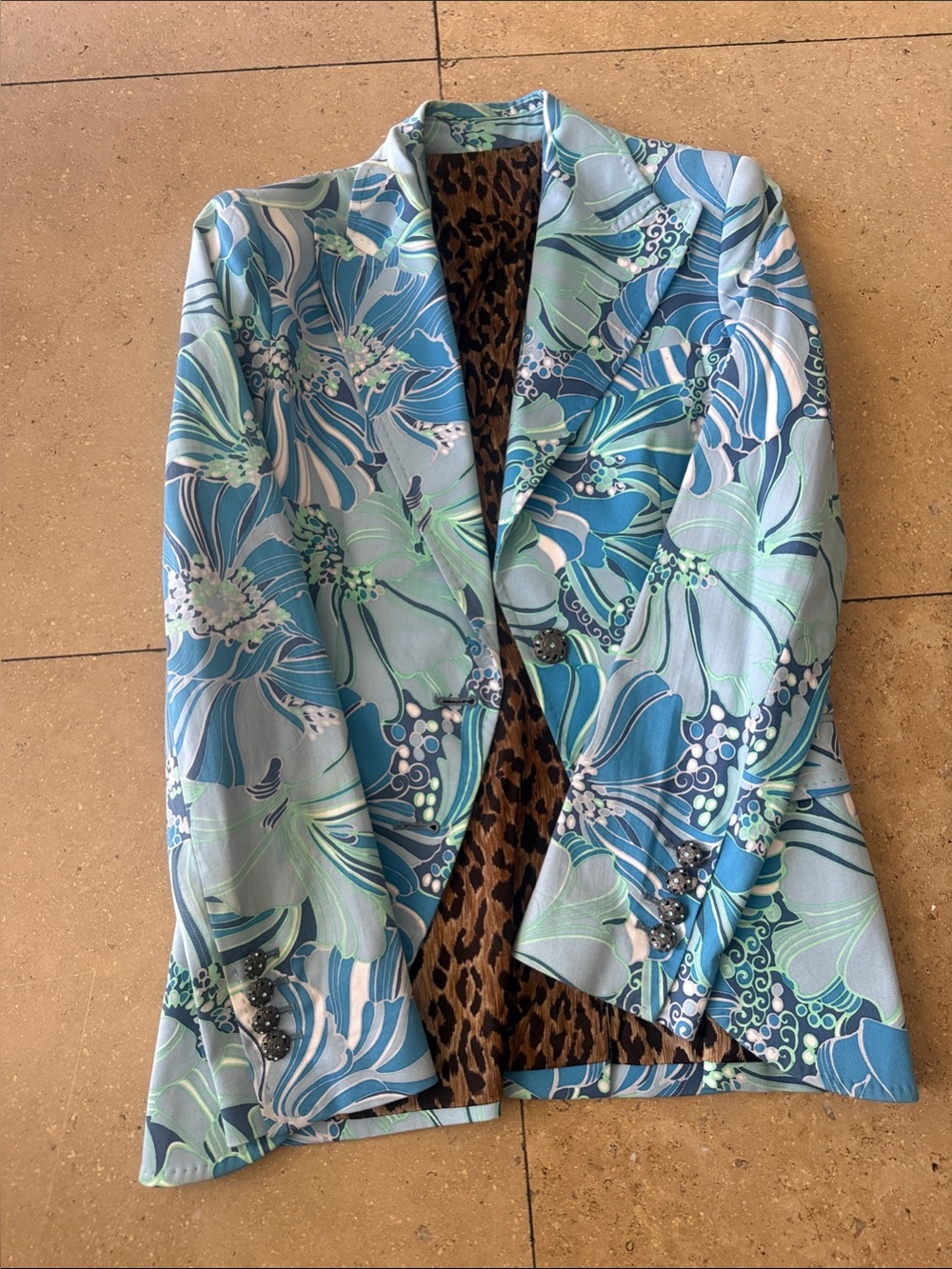 Dolce & Gabbana Blue & Seafoam Floral Blazer with Leopard Lining